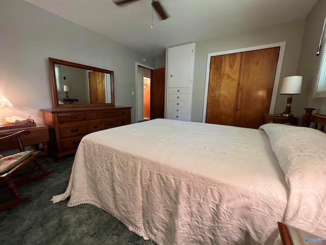 bedroom featuring a closet, ceiling fan, and dark colored carpet