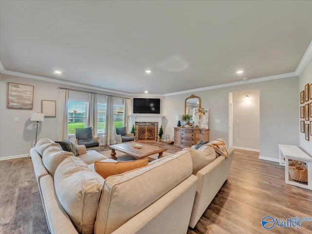 266 Dinner Tree Sq, Huntsville, AL 35811 - living room featuring crown molding, wood finished floors, a fireplace, baseboards, and recessed lighting