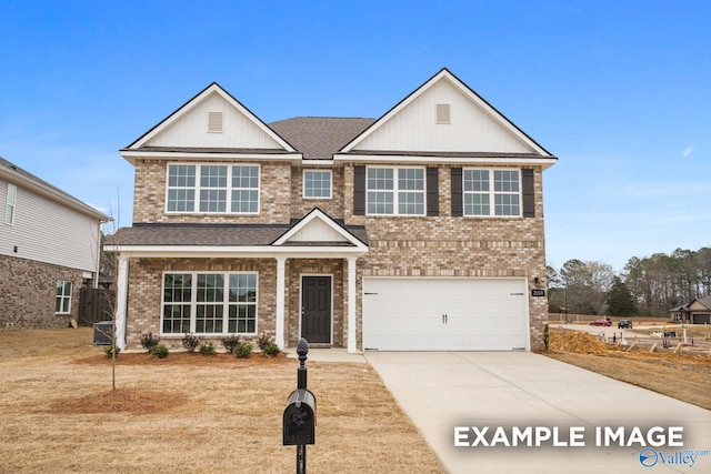 26804 Kyle Ln, Athens, AL 35613 - view of front of property with driveway, a garage, brick siding, a shingled roof, and cooling unit