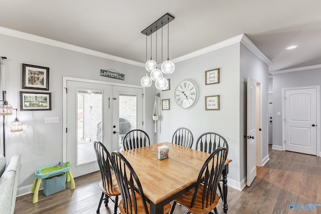 15153 Hobbs Rd, Athens, AL 35614 - dining space with dark wood-style floors, baseboards, ornamental molding, and french doors