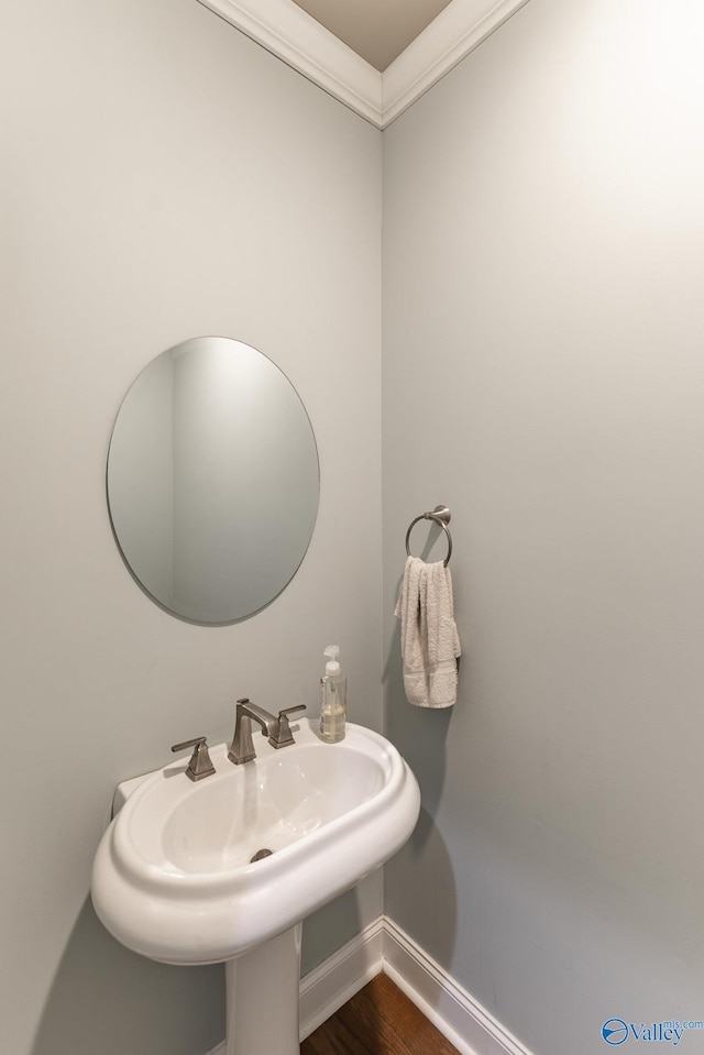 15153 Hobbs Rd, Athens, AL 35614 - bathroom with crown molding, wood finished floors, a sink, and baseboards