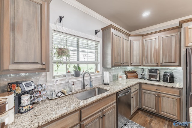15153 Hobbs Rd, Athens, AL 35614 - kitchen with tasteful backsplash, crown molding, dark wood-type flooring, stainless steel dishwasher, and a sink