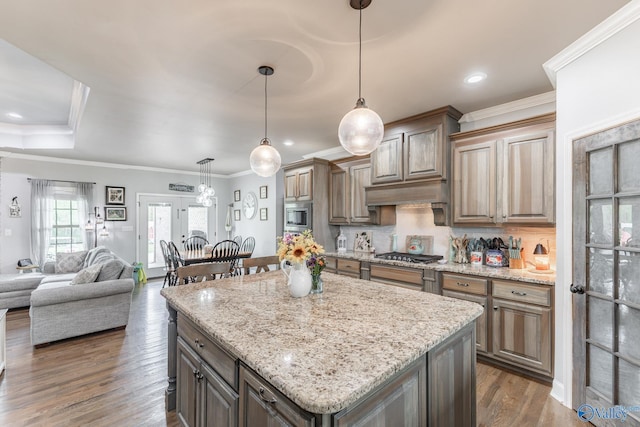 15153 Hobbs Rd, Athens, AL 35614 - kitchen with tasteful backsplash, ornamental molding, open floor plan, dark wood finished floors, and appliances with stainless steel finishes