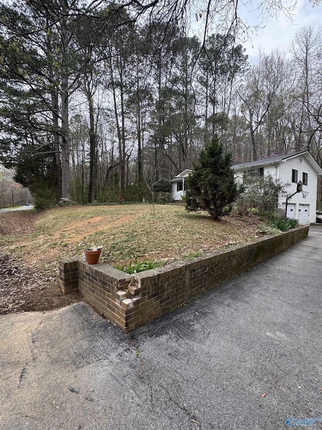 view of yard with driveway and a garage