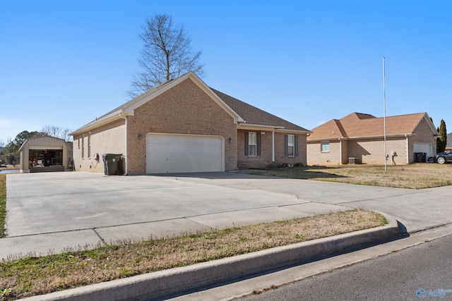 ranch-style house with brick siding, concrete driveway, and an attached garage