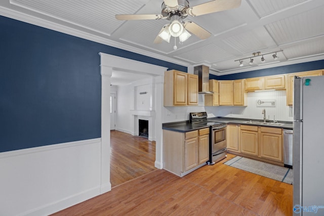 kitchen featuring appliances with stainless steel finishes, light brown cabinets, light wood-type flooring, wall chimney exhaust hood, and sink