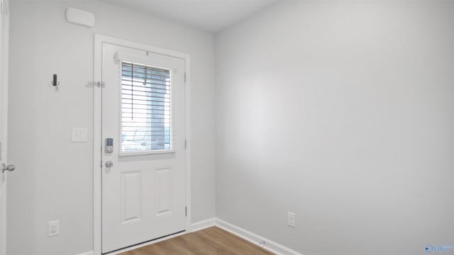 doorway featuring baseboards and wood finished floors