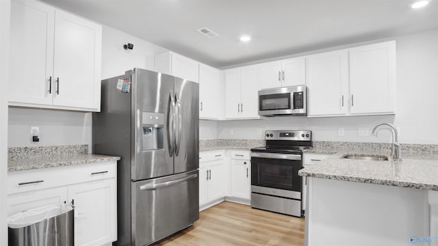 kitchen with a sink, appliances with stainless steel finishes, a peninsula, light wood-type flooring, and white cabinets