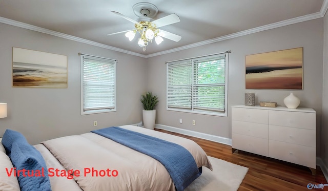 bedroom featuring ceiling fan, ornamental molding, and dark hardwood / wood-style floors