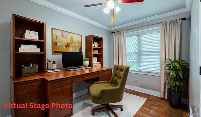 office with hardwood / wood-style floors, a wealth of natural light, and ornamental molding