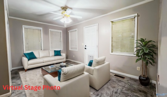 living room featuring crown molding and ceiling fan