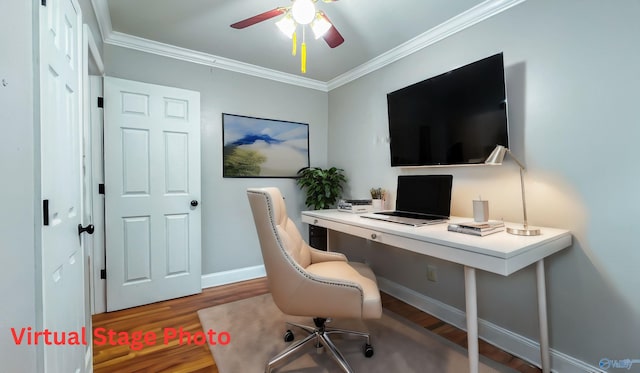 home office featuring hardwood / wood-style floors, crown molding, and ceiling fan