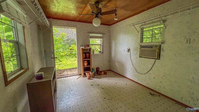 misc room featuring wood ceiling, ceiling fan, and cooling unit