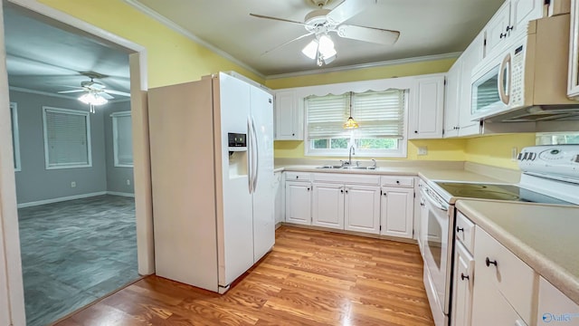 kitchen featuring white cabinetry, sink, ceiling fan, white appliances, and light hardwood / wood-style flooring