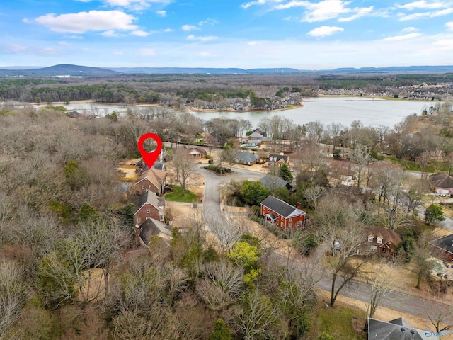 birds eye view of property with a water and mountain view