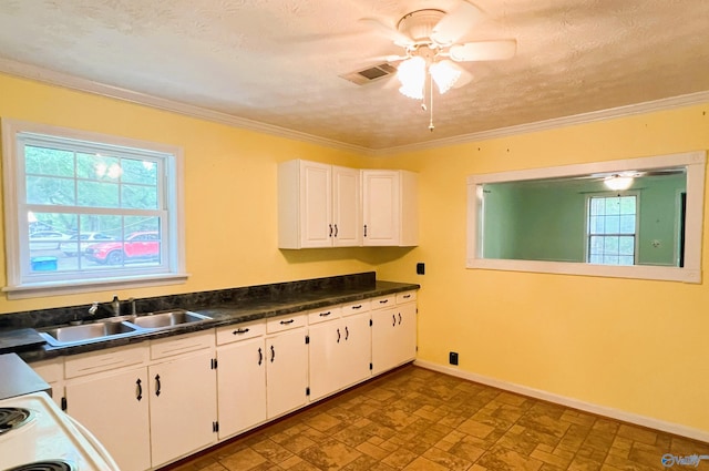 kitchen featuring a sink, plenty of natural light, baseboards, dark countertops, and crown molding