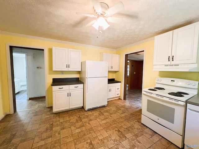 kitchen featuring white appliances, under cabinet range hood, white cabinetry, ceiling fan, and light stone finish flooring