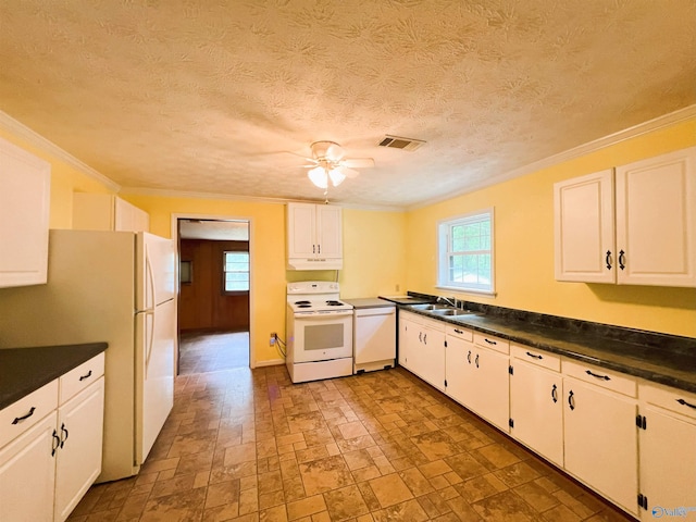kitchen featuring white appliances, a sink, healthy amount of natural light, a ceiling fan, and crown molding