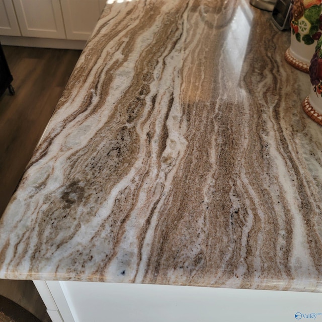 details with white cabinetry and dark hardwood / wood-style floors