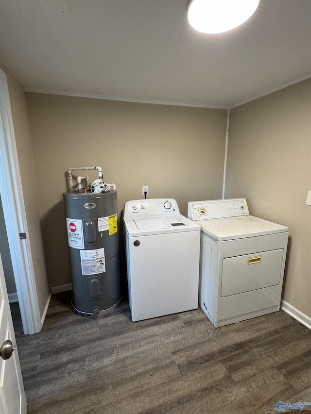 5509 Glade Rd, Anniston, AL 36206 - laundry area with water heater, independent washer and dryer, dark wood-type flooring, and ornamental molding