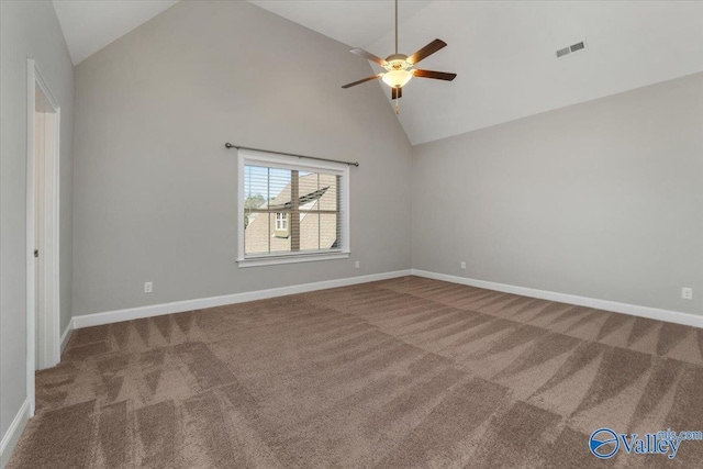 unfurnished room featuring carpet flooring, ceiling fan, and high vaulted ceiling