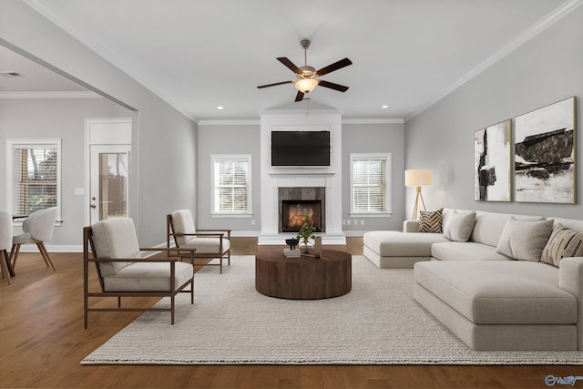 living room featuring ceiling fan, a fireplace, wood-type flooring, and ornamental molding