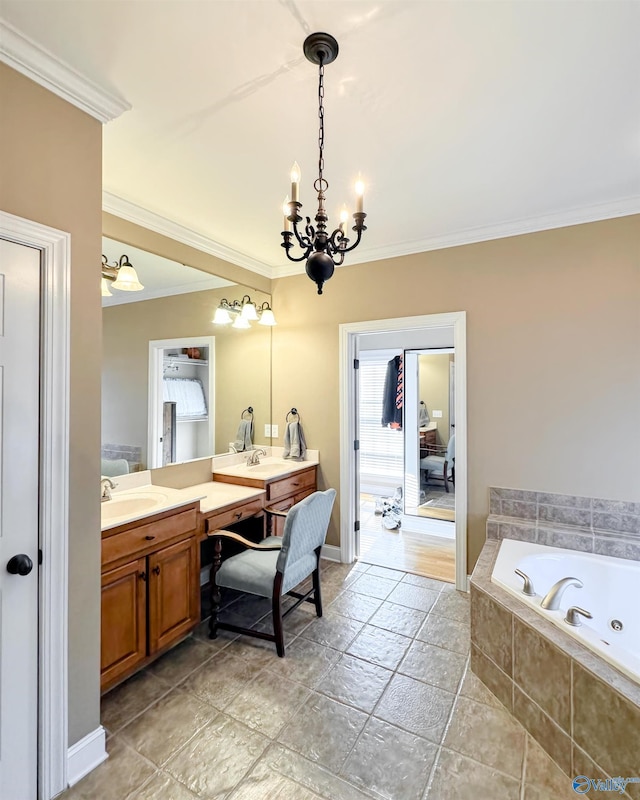 bathroom with vanity, a chandelier, crown molding, and a relaxing tiled tub