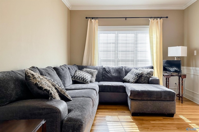 living room featuring crown molding and light hardwood / wood-style floors