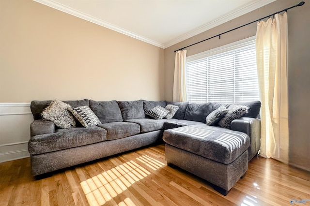 living room with hardwood / wood-style floors and ornamental molding