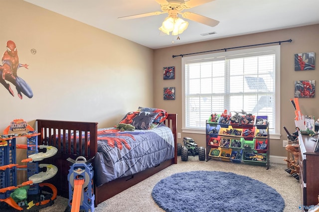 bedroom featuring carpet floors and ceiling fan