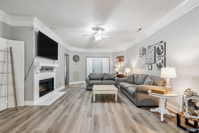 15037 SE Ashmont Blvd, Huntsville, AL 35803 - living area with ceiling fan, light wood finished floors, ornamental molding, a textured ceiling, and a lit fireplace