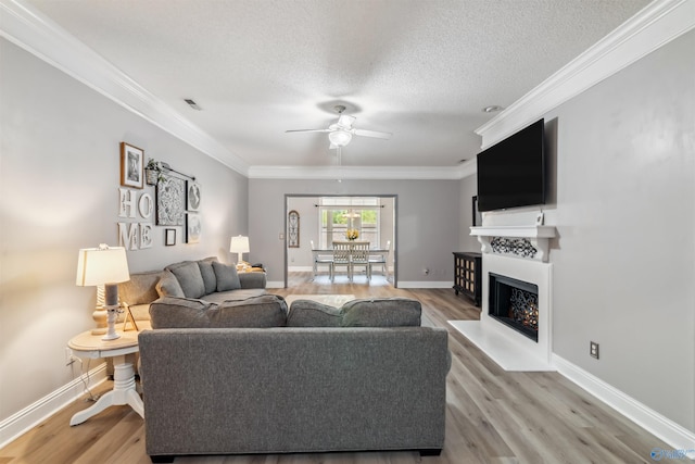15037 SE Ashmont Blvd, Huntsville, AL 35803 - living area featuring a lit fireplace, light wood-style flooring, a ceiling fan, crown molding, and a textured ceiling