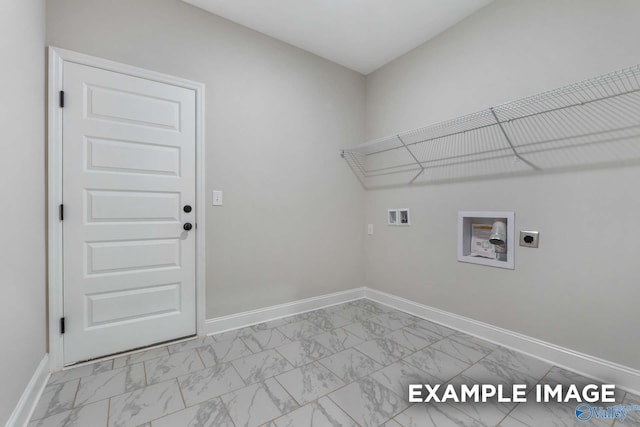 laundry area featuring laundry area, marble finish floor, washer hookup, and baseboards