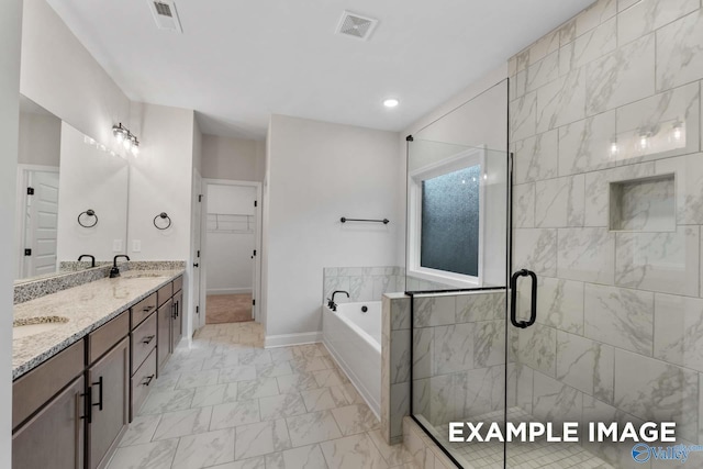 full bathroom with visible vents, a bath, a sink, a shower stall, and marble finish floor