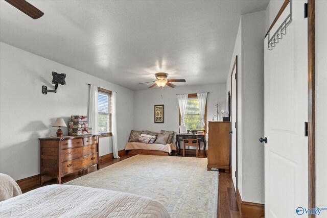 bedroom featuring multiple windows, a textured ceiling, dark wood-type flooring, and ceiling fan