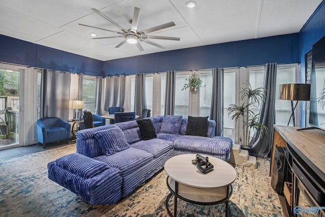 living room with a ceiling fan, recessed lighting, and a healthy amount of sunlight