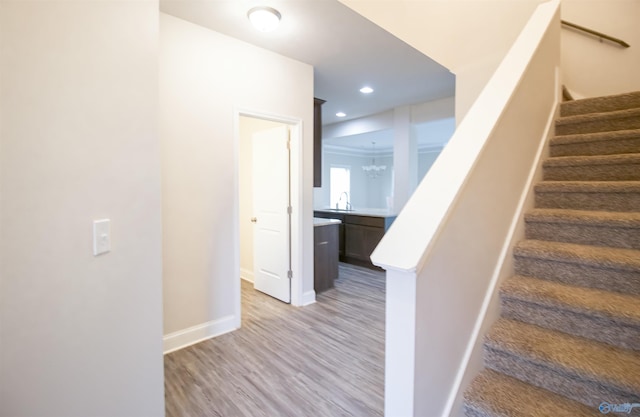 stairs featuring hardwood / wood-style flooring and sink