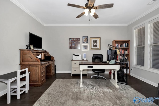 office area featuring a ceiling fan, dark wood-style floors, visible vents, baseboards, and crown molding