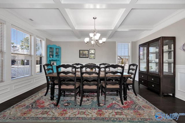 dining room featuring dark wood-style floors, coffered ceiling, ornamental molding, beamed ceiling, and a notable chandelier