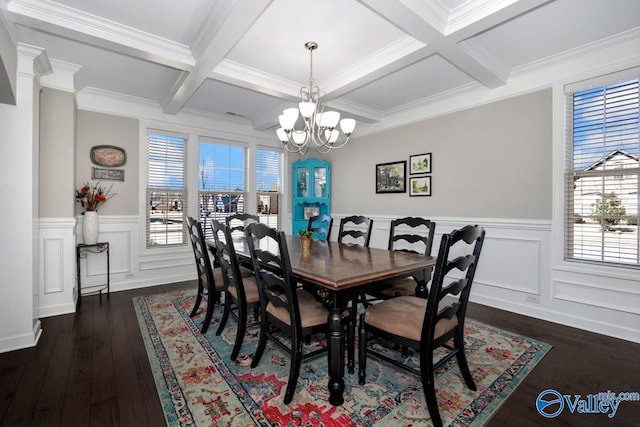 dining area featuring a notable chandelier, beamed ceiling, a healthy amount of sunlight, and dark wood-type flooring