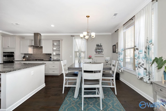 kitchen featuring dark wood finished floors, open shelves, wall chimney exhaust hood, and a center island