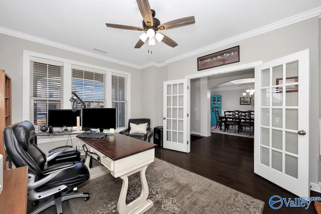 office area featuring wood finished floors, french doors, arched walkways, and ornamental molding