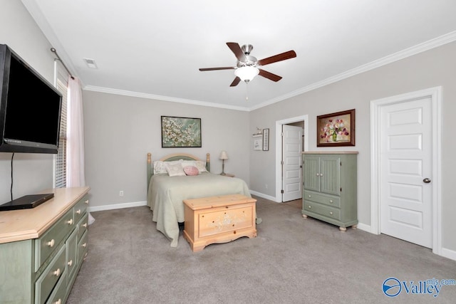 bedroom featuring baseboards, light colored carpet, and ornamental molding