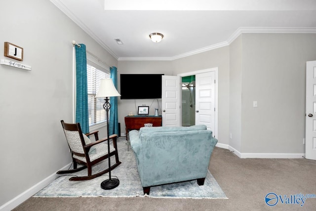 living room with crown molding, carpet, visible vents, and baseboards