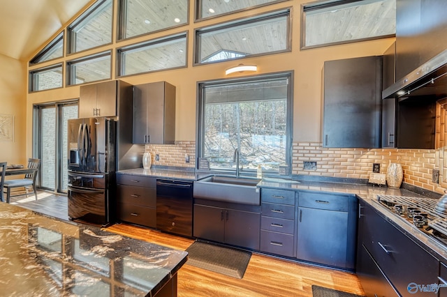 kitchen with light wood finished floors, a sink, black appliances, high vaulted ceiling, and backsplash