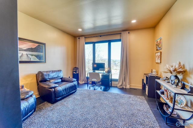 office with recessed lighting, baseboards, and wood finished floors