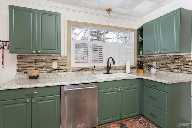 kitchen featuring decorative backsplash, light countertops, a sink, and stainless steel dishwasher