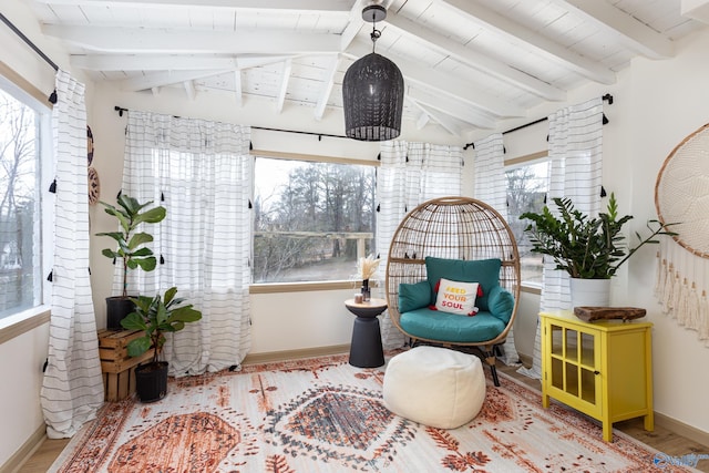 interior space with wood ceiling and vaulted ceiling with beams