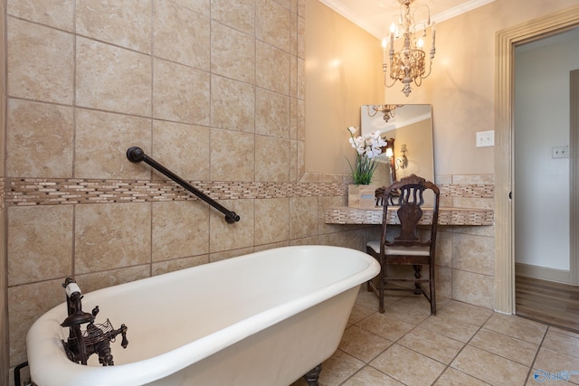 full bath with tile walls, a soaking tub, ornamental molding, a chandelier, and tile patterned flooring