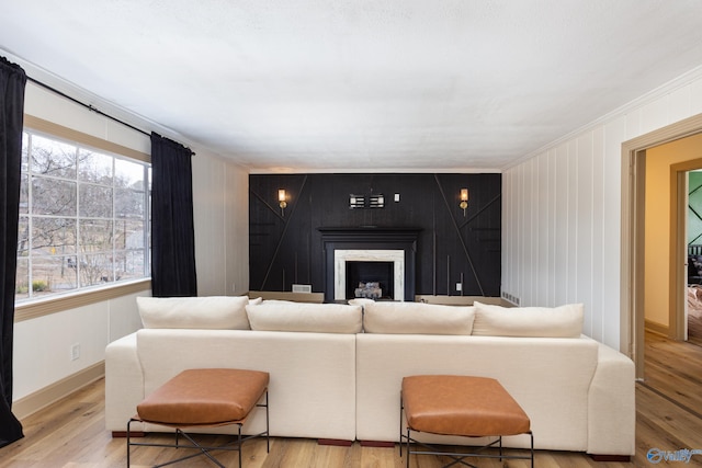 living room featuring a fireplace, baseboards, and wood finished floors